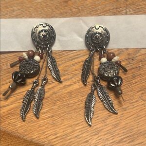 Bohemian Silver With Brown Bead Feather Design Dangling Earrings Southwestern